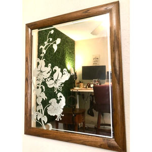 Vintage MCM Floral Lilies Etched Mirror Framed Rectangular 22.5" x 18.5" 70s